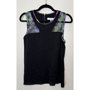 Milly Black Silk Blend Sleeveless Blouse Abstract Trim Size 6 Made in USA